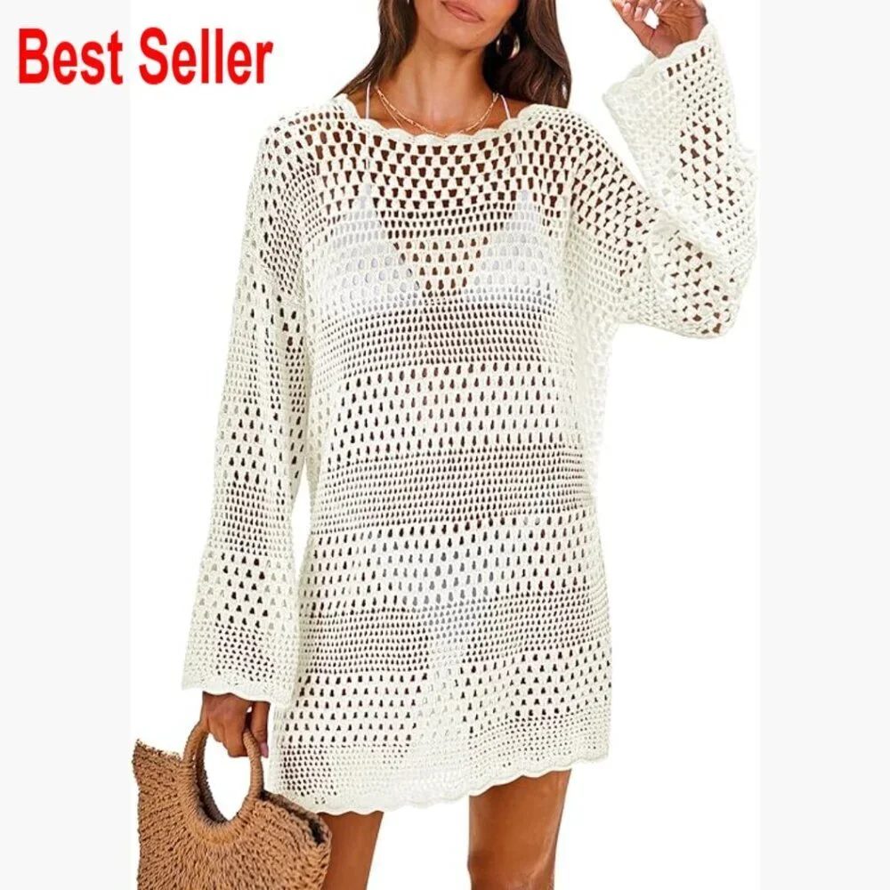 Crochet Mesh Knit Beach Cover Up Dress Long Sleeve
